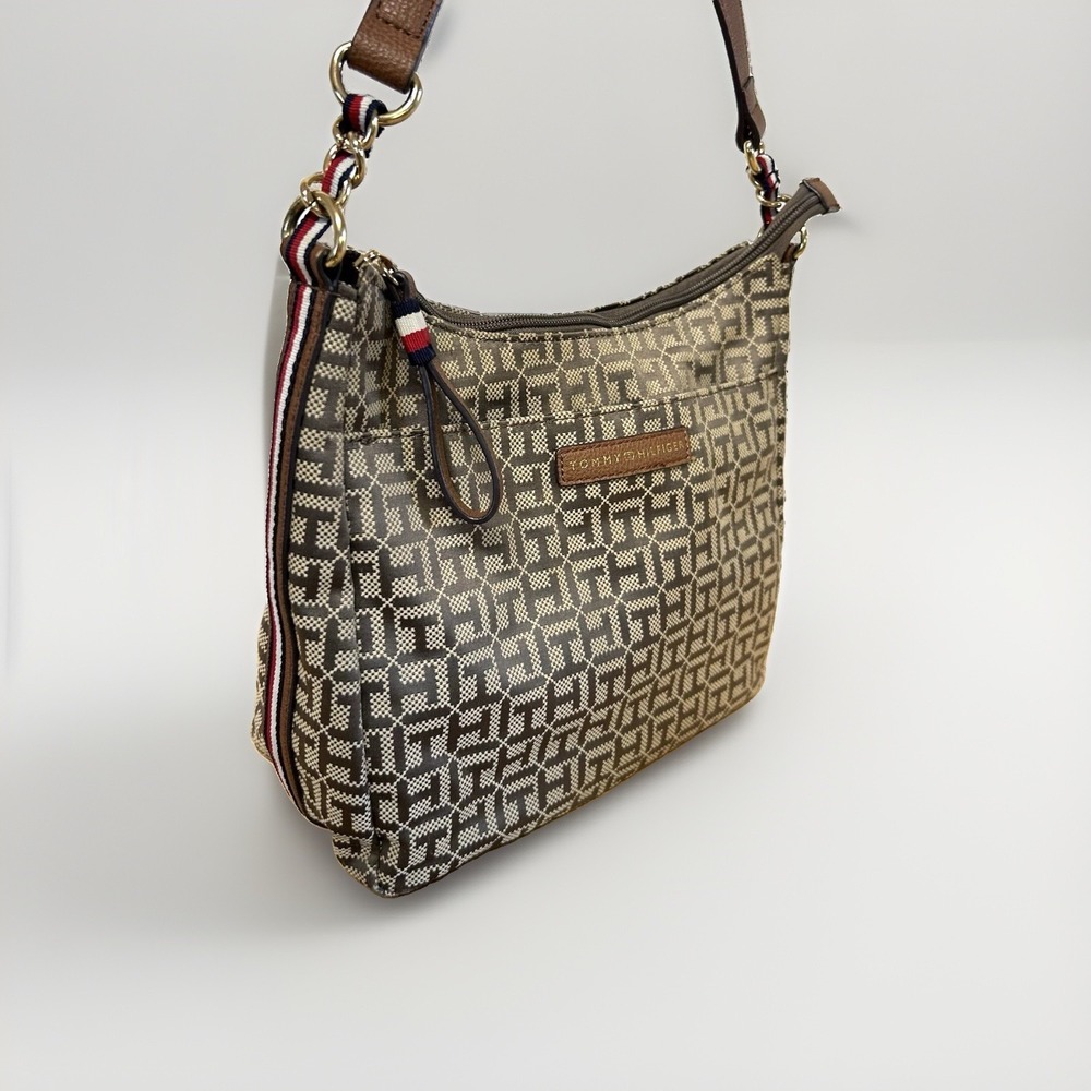 Tommy Hilfiger Monogram Hobo Bag Brown Racing Stripe Preppy Shoulder Bag Medium
